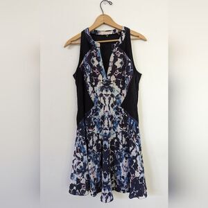 Rebecca Taylor Black Blue Floral Fit Flare Paneled Silk Short Casual Dress 6